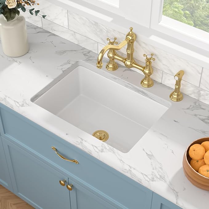 Sarlai 27 Inch White Undermount Sink 27x19 Inch White Kitchen Sink Dual Drop in & Undermount Kitchen Sinks Fireclay Single Bowl Deep Porcelain Ceramic Basin