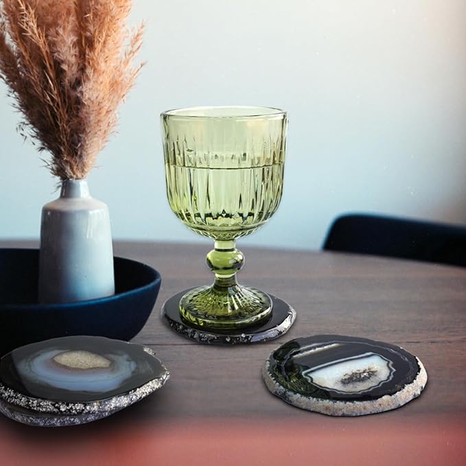 Black Agate Slices Bulk Geode Coasters Set of 4 with Rubber Bumpers - Unique 3-4 Inch Dyed Stone Drink Crystal Coasters for Home Decor, Coffee Table, Bar Accessories