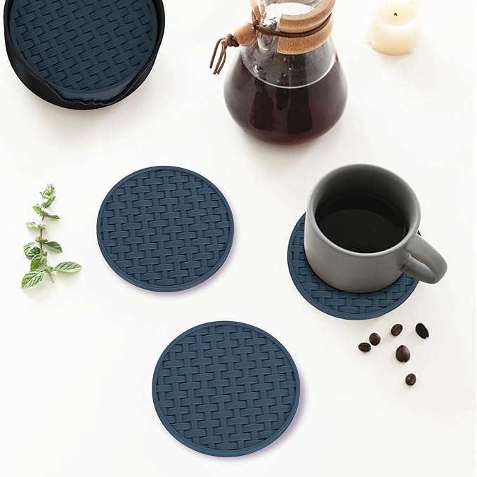 4 Inch Drink Coasters Set of 6, Blue Silicone Heat Resistant Mats, Waterproof Non-Stick Cup Pads, Ideal for Coffee Mugs, Beverage Cups - Home Office & Kitchen Use