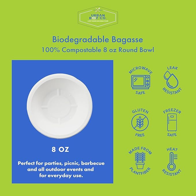 8oz Compostable Paper Bowls, Heavy-Duty Eco-Friendly Bagasse Bowl, Biodegradable & Heat-Resistant for Hot & Cold Foods, Soups, Dessert, Salads, Ice Cream, Pasta, Snacks, 1000 Pack