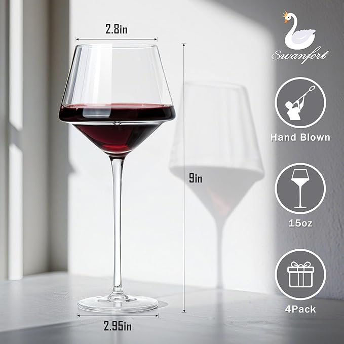 Red Wine Glasses Set of 4, 15oz Elegant Long Stem Wine Glasses in Gift Box, Premium Glassware for Wedding, Anniversary, Birthday Gifts
