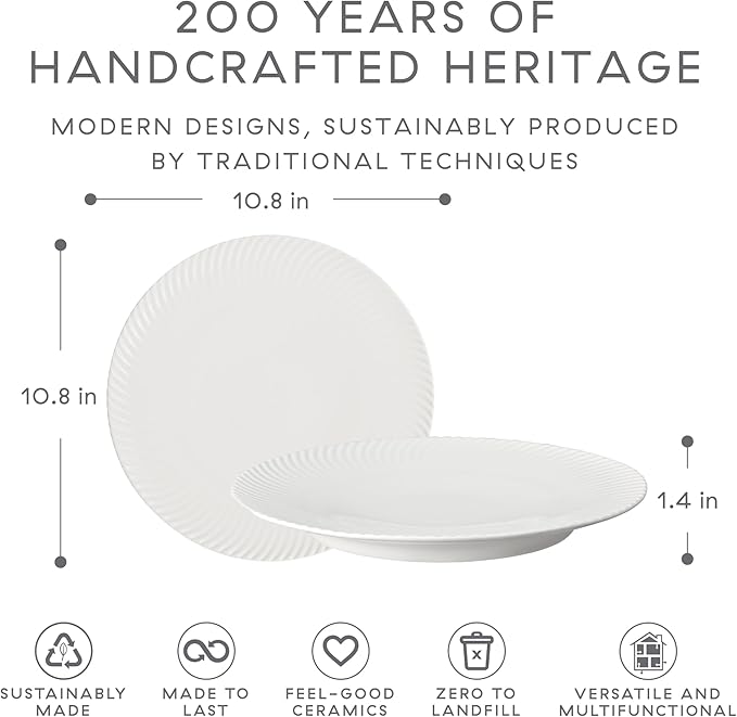 Denby - Arc White Porcelain Dinner Plates Set of 6 - Dishwasher Microwave Safe, 10.8" Large White Plates With Curve Design - Scratch Chip Resistant Tableware