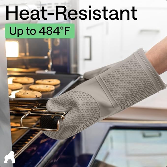 GORILLA GRIP BPA-Free Soft Silicone Oven Mitts, 14.5x8.3, Heat Resistant and Waterproof Cooking Gloves, Thick Cotton Lining, Flexible Gripping for Baking Grilling, Kitchen Potholders Set of 2, Almond