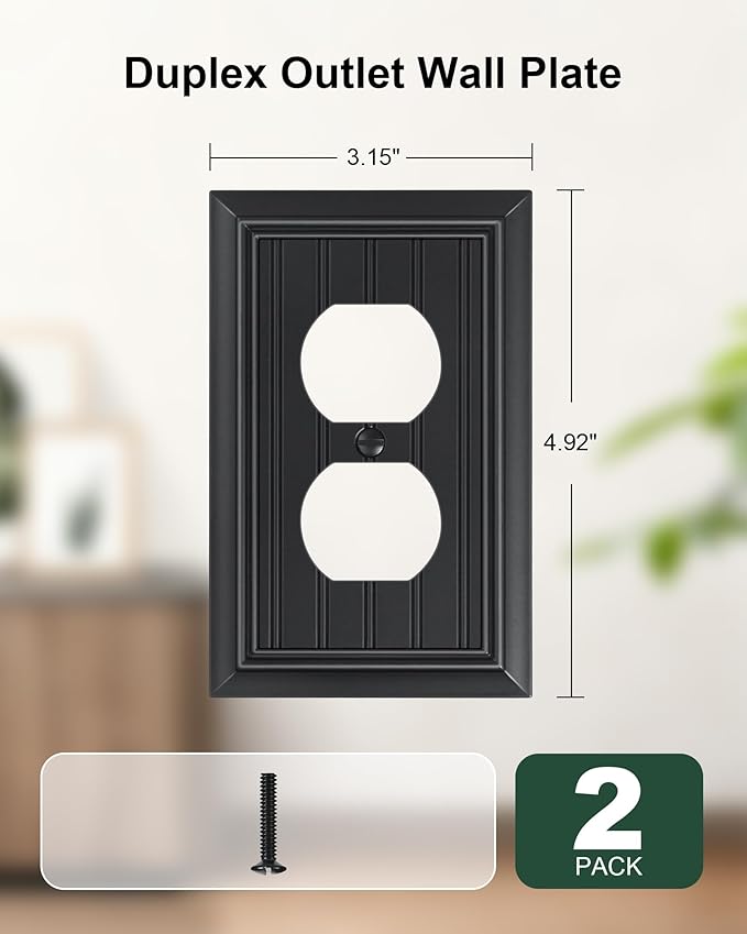 2-Pack Classic Beadboard Duplex Outlet Cover Plate, Decorative Matte Black Switch Plates and Outlet Covers, Natural Bamboo Fiber Wall Plates for Electrical Outlets, 1 Gang Receptacle Cover