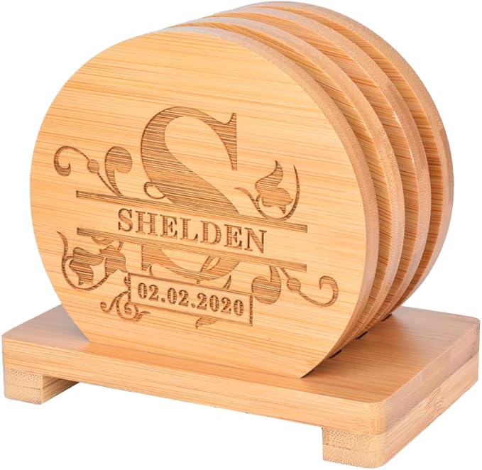 Personalized Bamboo Coasters, Custom Engraved Monogram Coasters with Holder, Great Gifts for Relatives, Friends or Yourself (Set of 4)
