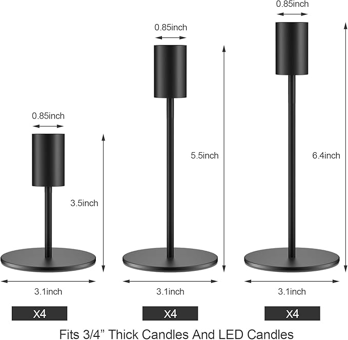 Set of 12 Black Taper Candle Holders Bulk Candlestick Holders, Decor Candle Stick Candle Holder for Table or Mantel Centerpiece, Wedding, Dinning, Party Home Decor