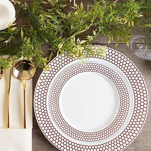 PLASTICPRO 64 Pack Elegant Disposable Plastic Plates Combo Set Includes 32 Dinner Plates and 32 Salad Plates Heavy Duty Fancy Party Plates White & Gold Honeycomb Design - Image 2