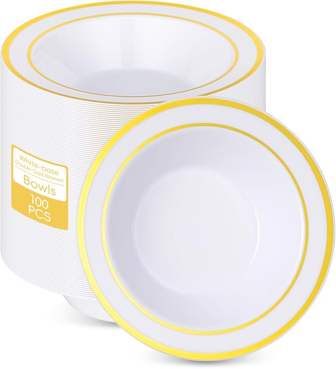100pc Disposable Soup Bowls with Gold Rim,12oz Disposable Soup Bowls,Disposable Soup Dessert Salad Bowls for Wedding/Party/Catered Events