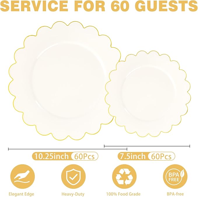 LIYH 120 Pcs Ivory Scalloped Plastic Plates Disposable - Ivory and Gold Plastic Plates - Gold Fancy Disposable Party Dinner & Dessert Plate for Wedding Birthday Valentines Day