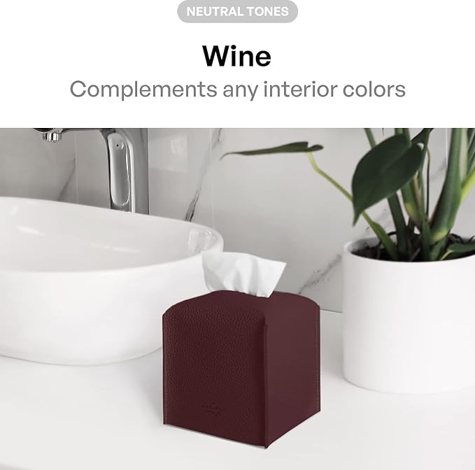 Carrotez Tissue Box Cover, [Refined] Modern PU Leather Square Tissue Box Holder - Decorative Holder/Organizer for Bathroom Vanity Countertop, Night Stands, Office Desk & Car 5"X5"X5" - Wine