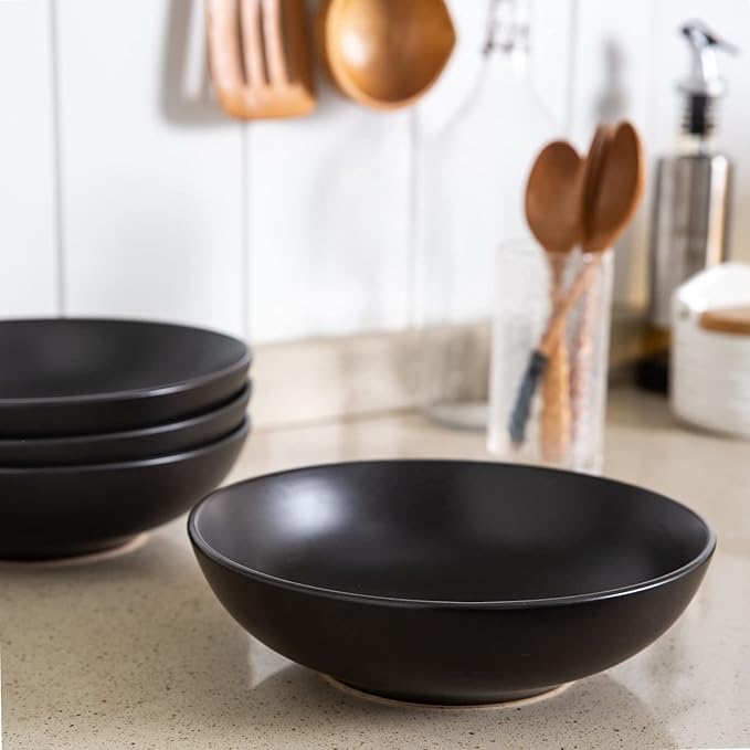AmorArc 8.75‘’ Large Pasta Bowls, 42 ounce Deep Stoneware Bowls Set of 6 for Kitchen, Wide Bowl for Pasta/Salad/Fruit/Oatmeal/Soup, Microwave&Dishwasher Safe-Matte Black
