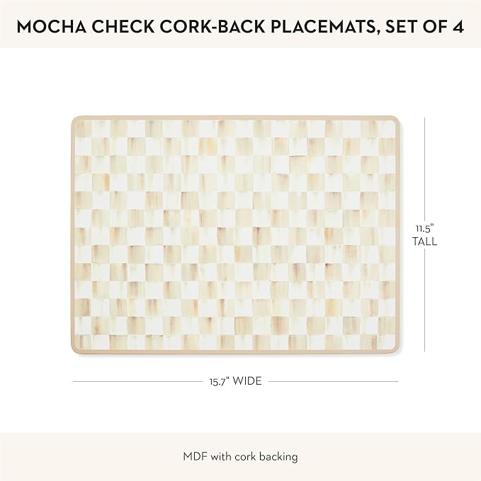MACKENZIE-CHILDS Set of 4 Cork-Back Placemats, Hard-Finish Table Mats, Brown-and-White Mocha Check
