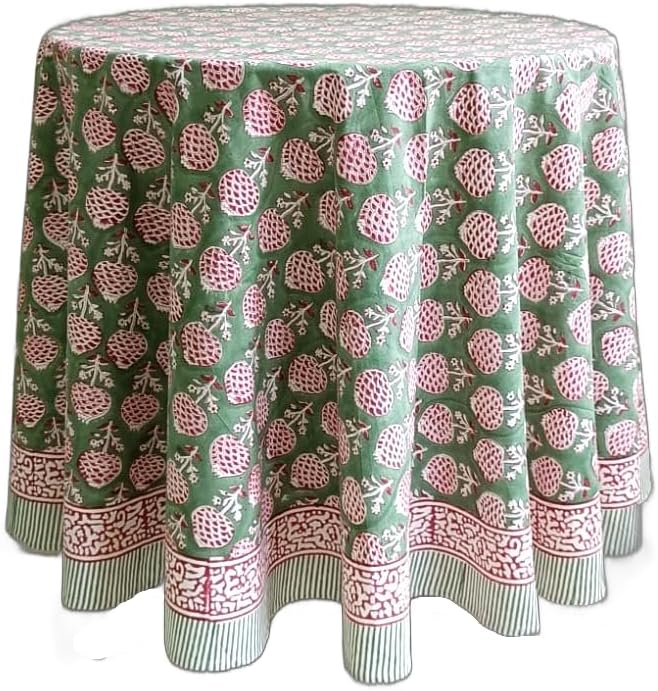 ATOSII Roma Green 100% Cotton Round Tablecloth, Handblock Print Floral Table Cloth for Kitchen Dining Linen I Parties, Weddings, Outdoors, Spring Summer Decor I 72" Inches Round