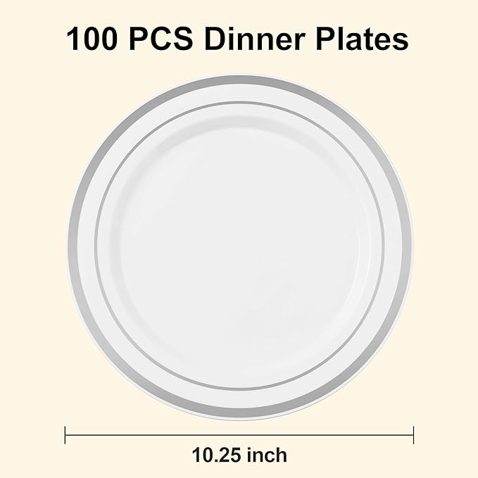 BESTSTAR 100PCS White Plastic Plates for Party, 10.25 Inch Disposable Plates with Silver Rim, Heavy Duty Dinner Plates for Christmas, Wedding and Birthday