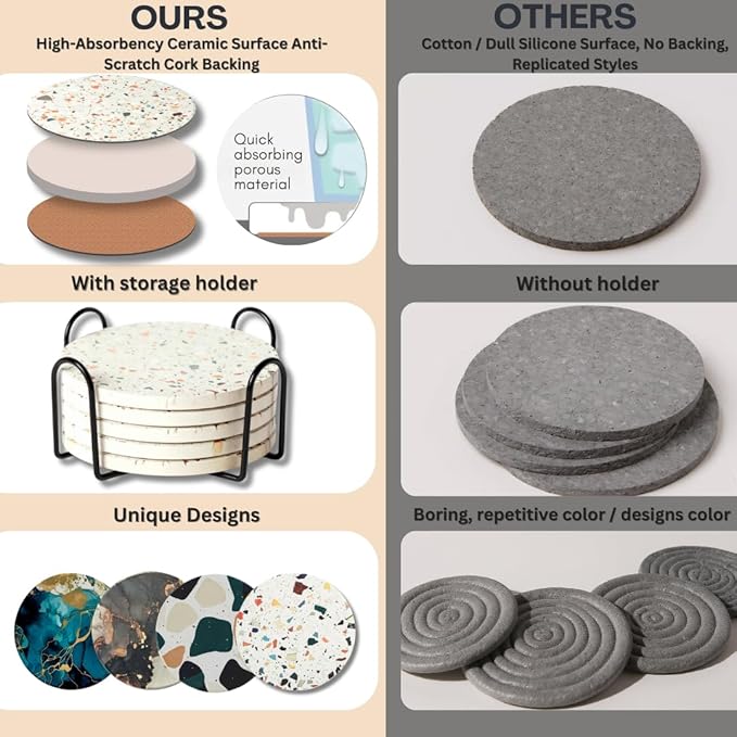 Terrazzo Coasters Set of 6, Ceramic Absorbent Drink Coasters, Cute Moisture Absorbing Coaster, Coffee Table Desk Decor, Colorful Stone Coaster for Drinks (Midnight)