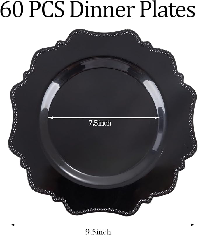 COLOSUS 60pcs Black Plastic Party Dinner Plates - 9.5 Inch- Heavy Duty Disposable Plastic Dinner Plates for Party Wedding Birthday and Everyday Use