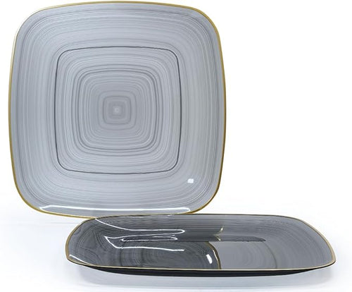" OCCASIONS " 50 Plates Pack (25 Guests)-Wedding Party Disposable Plastic Plate Set -25 x 10'' Dinner + 25 x 7'' Salad & Dessert plates (Belize Square in Black & Gold)