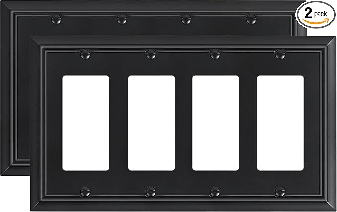 2-Pack Quad Decorator Wall Switch Cover, Black Decorative Switch Plates and Outlet Covers, Natural Bamboo Fiber 4 Gang Wall Plate for Electrical Outlets, Receptacle, GFCI Outlet, Dimmer Switch