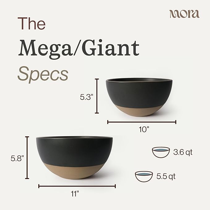 MORA Mega and Giant Bowls Set of 2, 5.5 and 3.5 Qt Ceramic Pottery Mixing Bowls - Microwave and Dishwasher Safe - Liquorice