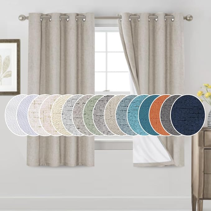 PrinceDeco Blackout Curtains 63 Inch Length Linen Texture Drapes for Bedroom Living Room Thermal Insulated with White Liner Grommet Room Darkening Curtains & Drapes (2 Panels, Cobblestone)