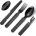 Portable Silverware Black Flatware Camping Cutlery Stainless Steel Spoon Fork Knife and Bottle Opener 4 Pieces Utensil Outdoor Travel Foldable Easy to Clean