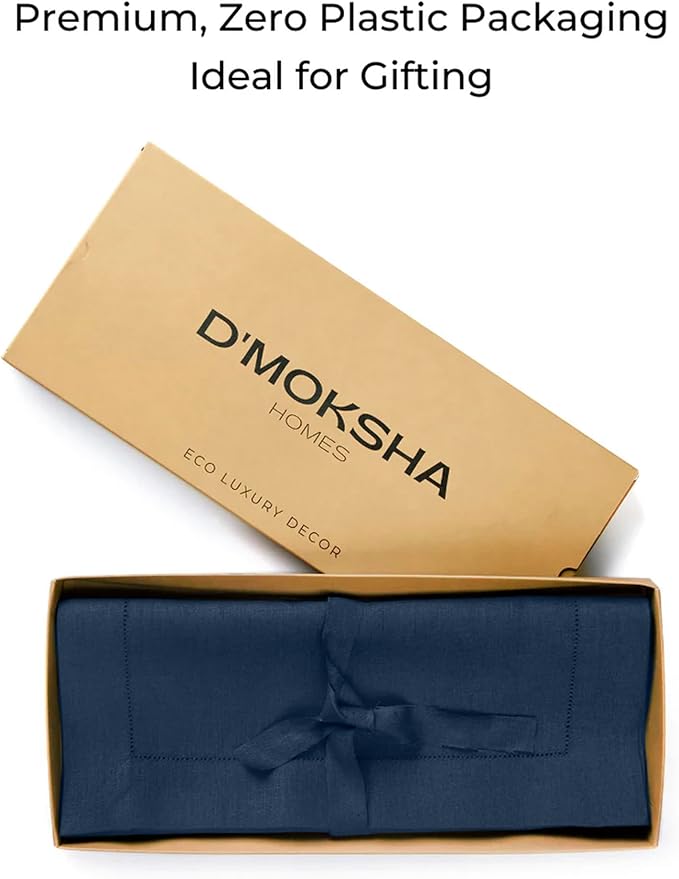 D'Moksha Homes Linen Navy Blue Table Runner 108 Inches Long - 100% Pure Linen 14 x 108 Inch Table Runner for Easter - Classic Hemstitch