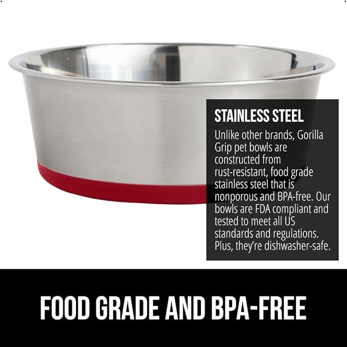 GORILLA GRIP Dog Bowl, Holds 4 Cups (32 fl oz), Heavy Duty Metal Food and Water Bowl for Feeding Dogs and Cats, Easy Clean, Dishwasher Safe, Rust Resistant Stainless Steel, BPA Free Rubber Base, Red