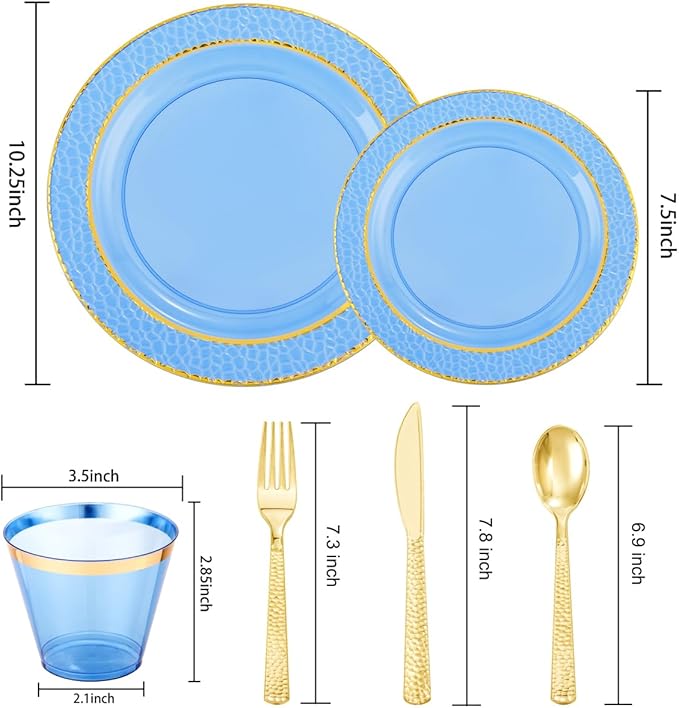 Nervure 150PCS Clear Blue Plastic Plates - Gold Party Plates - Blue and Gold Dinnerware Set Include: 50 Disposable Plate, 25Cups, 25Forks, 25Knives, 25Spoons for Wedding & Party & Hanukkah