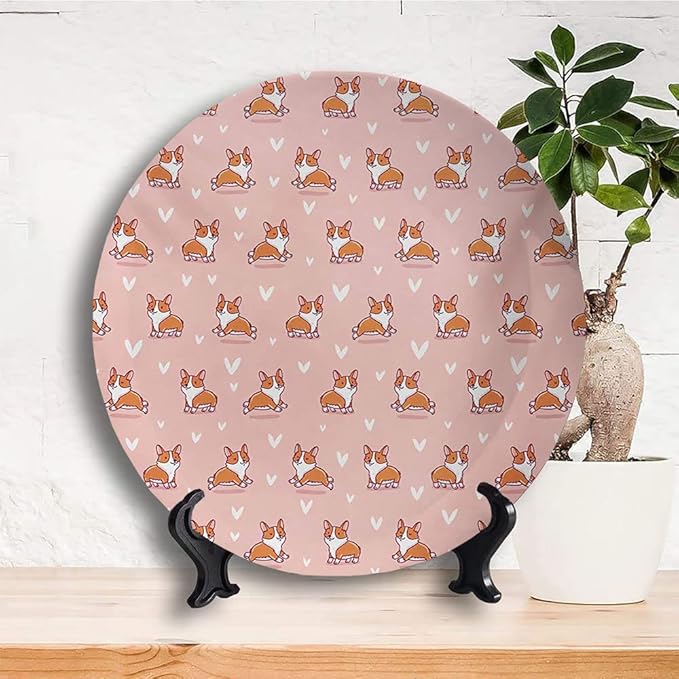 Ceramic Display Plate, Dog Lover Ceramic Hanging Decorative Plate, Cute Little Corgi Jumping Running and Standing, 6 Inch, Household Custom Ceramic Plate, Coral Orange White