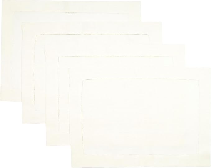 D'Moksha Homes Linen Placemats Set of 4 - Classic Hemstitch Ivory Placemats 14 x 19 Inch - 100% Pure Linen Table Mats for Valentines, Spring, Easter - Handcrafted and Machine Washable