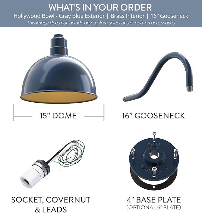 Steel Lighting Co. Hollywood Bowl Light | Outdoor Wall Mounted | 15 inch Bowl Dome | 16" Gooseneck | Barn Light Made in America | Gray Blue Exterior/Brass Interior