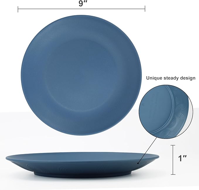 Homienly Flat Dinner Plates Set of 8 Alternative for Plastic Plates Microwave and Dishwasher Safe Wheat Straw Plates for Kitchen Unbreakable Kids Plates (Blue, 9 inch), MS 01
