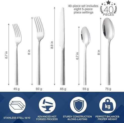 40-Piece Silverware Set for 8，Minimalist Flatware Set 18/10 Stainless Steel，Fine Cutlery Set with Forks, Knives, Spoons，Durable and Elegant Design Tableware，Dishwasher Safe