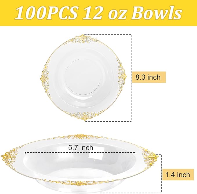 100PCS Clear Gold Plastic Bowls - 12 oz Clear Disposable Salad Bowls - Heavy Duty Disposable Soup Bowl - Fancy Plastic Ice Cream Bowl for Weddings, Parties, Dinners, Picnics,