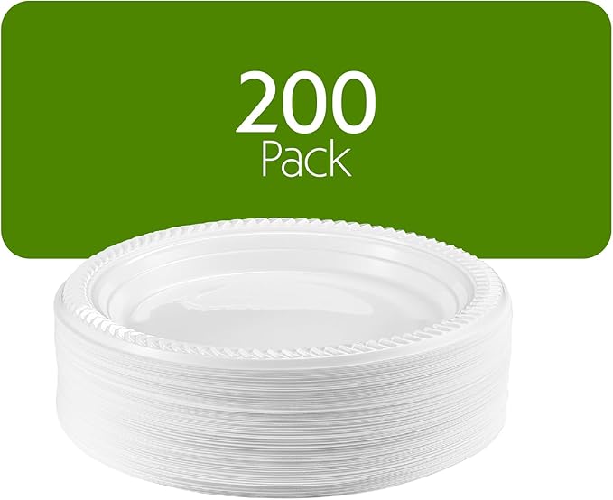 PLASTICPRO 200 PCS White Plastic Round 7 Inch Plates - Premium Quality, Light Weight Disposable Dinner Plates for Parties & Weddings