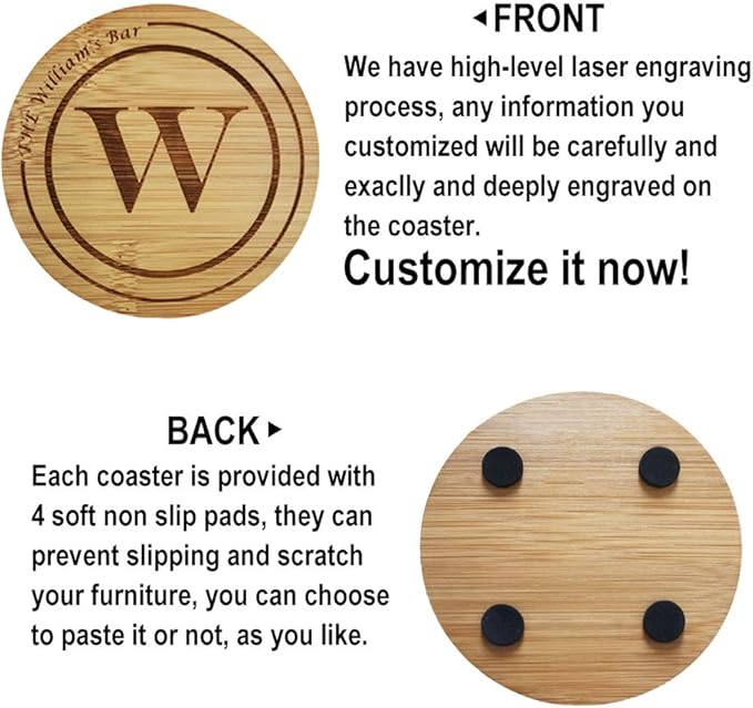 Personalized Bamboo Coasters, Custom Engraved Monogram Coasters with Holder, Great Gifts for Relatives, Friends or Yourself (Set of 6)