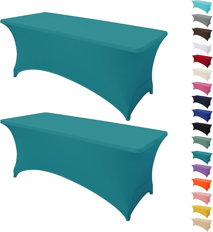 2Pack 4FT Table Cloth for Rectangular Fitted Events Stretch Emerald Green Table Covers Washable Spandex Tablecloth Protector for Party, Wedding, Cocktail, Banquet, Festival