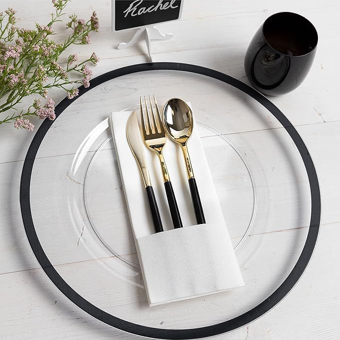 PARTY BARGAINS 13-Inch Charger Plates - 16 Pack, Clear Black Rim, Heavy-Duty Disposable Chargers for Elegant Dining - Ideal for Weddings and Formal Events