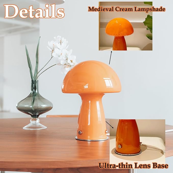 Cute Mushroom Lamp with Glass Lampshade,Small Orange Table Lighting,3000K Warm Light Led Bedside Lamp,Mid Century Modern Desk Light for Living Room Bedroom
