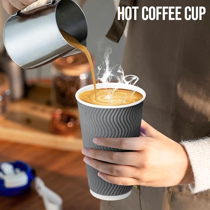 500 Pack 16 oz Coffee Cups with Lids, Disposable Insulated Hot Cups To Go Paper Coffee Cups, Corrugated Ripple Wall Cup for Hot Drink, Office, Coffee Bar (Grey 16 oz)