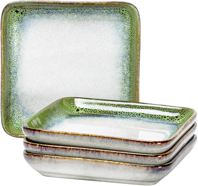 HENXFEN LEAD Small Square Ceramic Plates 6.3 Inch – Dessert, Appetizer & Snack Plates Microwave & Dishwasher Safe – Set of 4, Reactive Glaze Green
