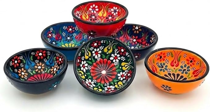Turkish Ceramic Pinch Bowls Set of 6 – Small Dipping Bowls for Charcuterie Boards, Appetizers, Snacks & Sauces -Handcrafted Turkish Bowl for Serving, Decor & Gifts (3.2”)