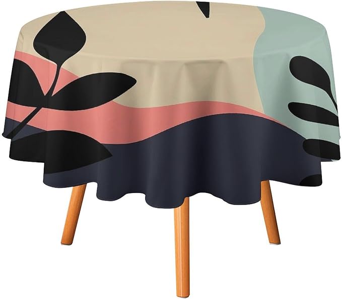 Medieval Bohemian Abstract Round Tablecloth, Mid Century Modern Leaves Geometric Tablecloth for Home Party Dining Room Kitchen Decor 36Inch(90cm)