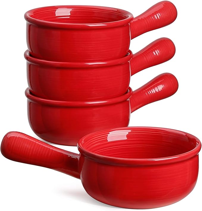 LE TAUCI French Onion Soup Bowls, 15 Ounce Ceramic Soup Bowls with Handles, for Chili, Beef Stew, Oven Microwave Dishwasher Safe, Set of 4, Red