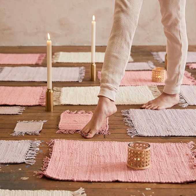 PILLOWPIA Handcrafted Chindi Placemat – 100% Cotton, Handwoven Boho Table Mat | Eco-Friendly Colorful Decor for Dining Room, Kitchen, or Coffee Table – Peony Pink Woven Accent