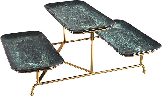 3 Tier Serving Trays for Party, 14.4 Inch Porcelain Serving Platters and Tiered Trays, Foldable Sturdy Gold Stand, for Food Display, Fruit, Cake Dessert, Decoration Entertaining, Black