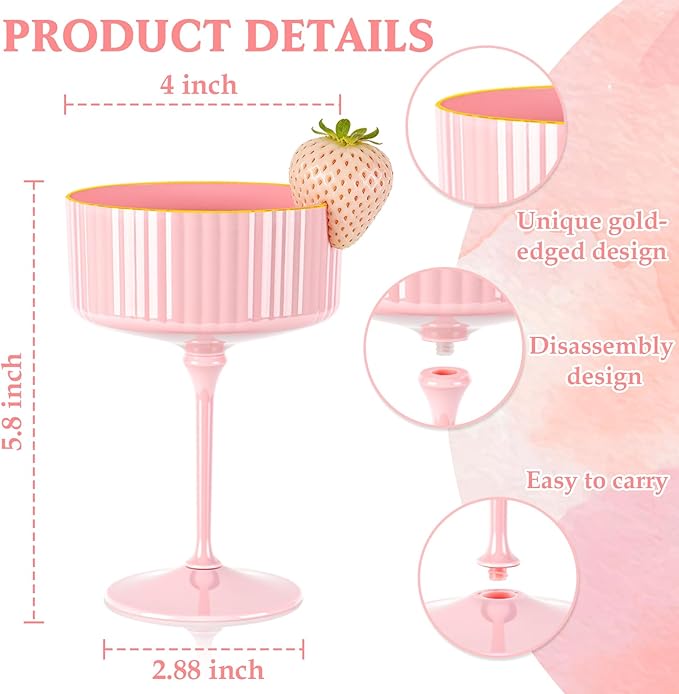 XUWAIDSGN 24 Pcs Champagne Martini Glasses 9 Oz with Gilded Removable Gold Rim Coupe Glasses Pink Martini Glasses Plastic Mimosa Vintage Coupe Glasses Set For Wedding Anniversary (24, Solid Pink)