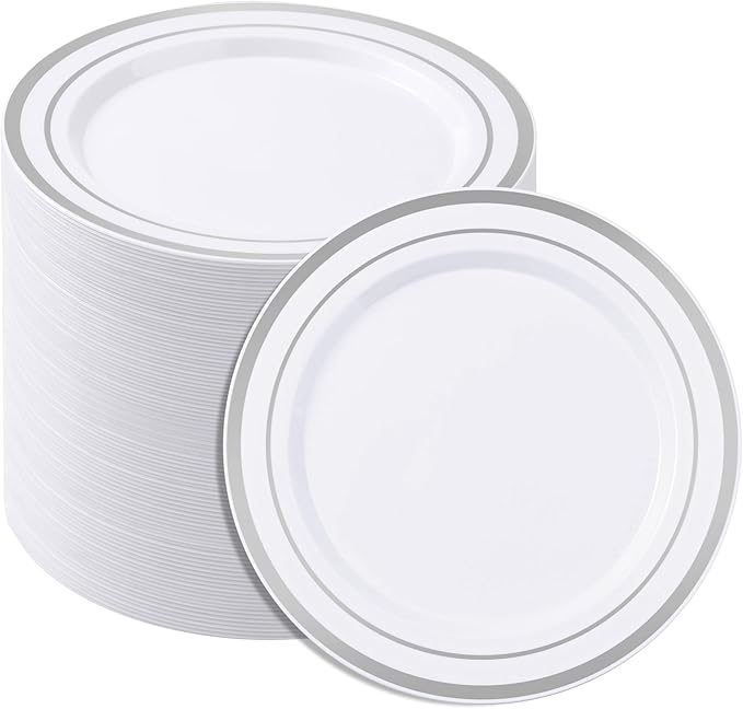 BESTSTAR 7 Inch White Plastic Plates,100PCS Disposable Dessert/Appetizer/Small Cake Plates with Silver Rim,Heavy Duty Plate Ideal for Christmas, Wedding and Birthday