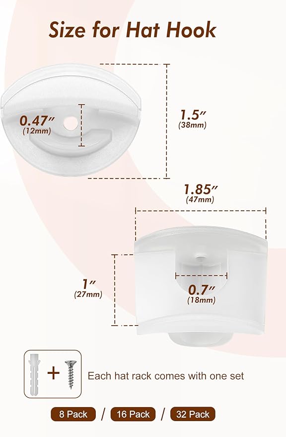 HOUSE DAY Adhesive Hat Hooks for Wall 16 Pack, Strong Hat Rack for Baseball Cap Display Organizer, Hats Hangers Holder for Wall, Door, Closet, No Drilling, Translucent
