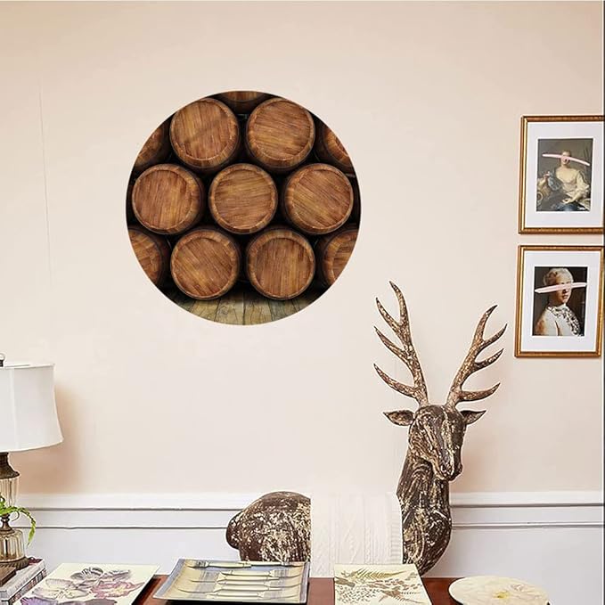 Decorative Plates, Wine Print Ornament, Wall of Wooden Barrels, 8 Inch, 1 Plate with 1 Display Stand, Multicolor
